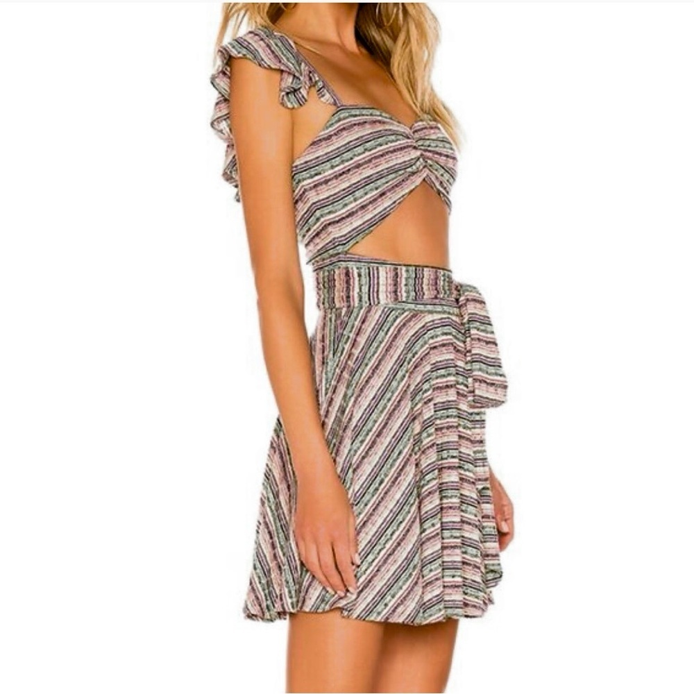Tularosa Masa Striped Cut Out Mini Dress M Belly Baring Ruffle Strap Tie Belt